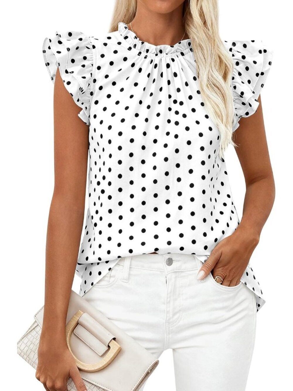 Women's White Black Dot Ruffle Short Sleeve Floral Trim Neck Casual Top Shirt